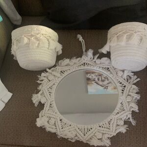Boho White Macrame Mirror and Baskets Set